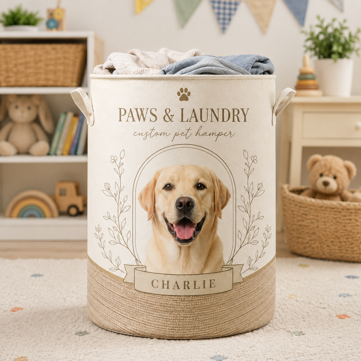Custom Photo Dog Laundry Basket | Gift For Dog Lovers | Dog Bathroom Decor