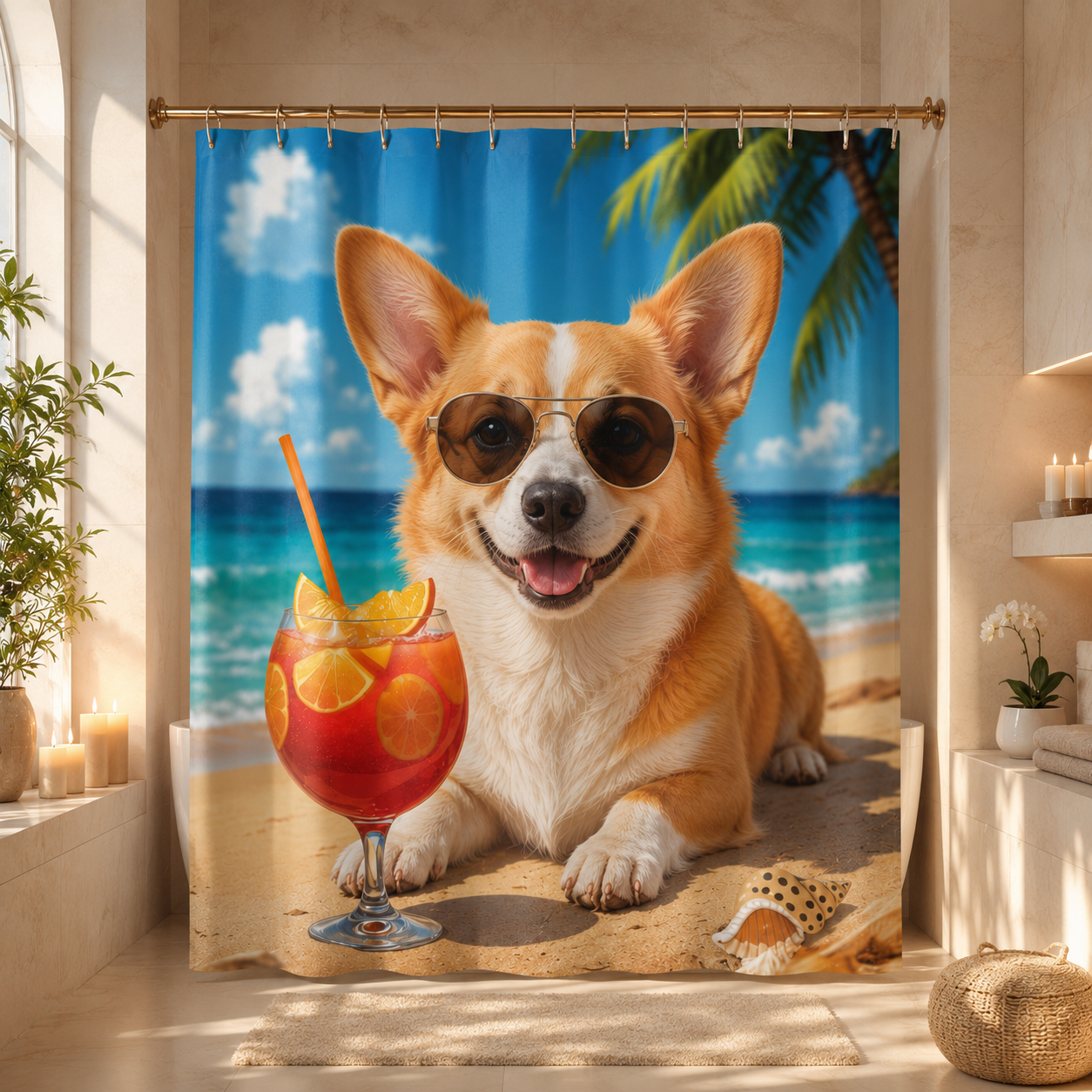 Custom Photo Dog On The Beach Shower Curtain | Gift For Dog Lovers