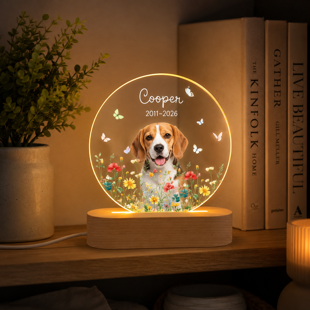 Custom Photo Dog Flower Memorial Wooden LED Light | Personalized Dog Photo LED Night Light | Pet Loss Sympathy Gift TOM99
