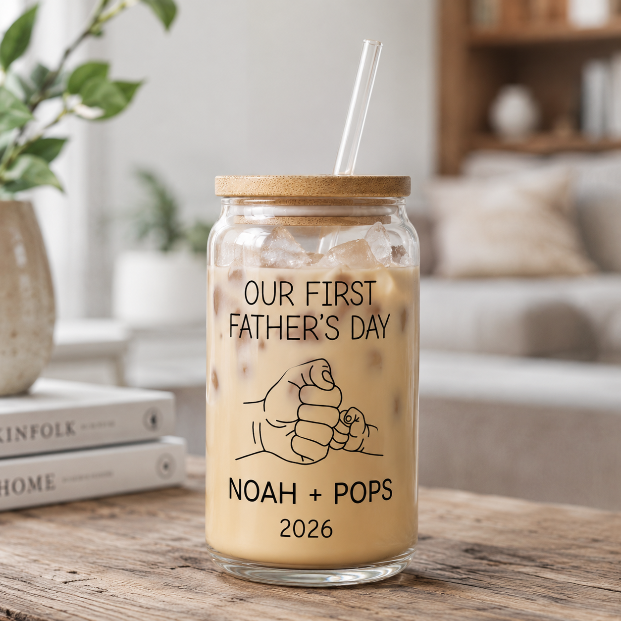 Custom First Dad Glass 16oz – Personalized Dad Glass Cup with Bamboo Lid & Straw | Gift For Father  TOM99
