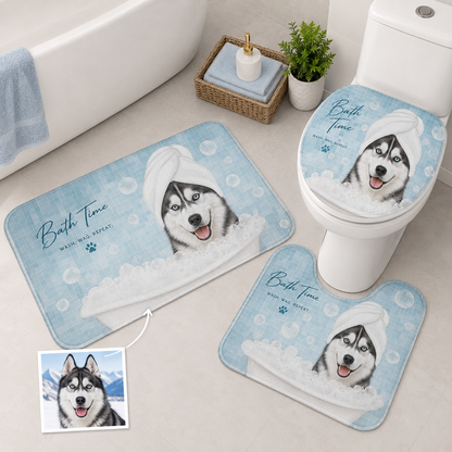 Custom Photo Dog Bath Time 3pcs Bathroom Rug Set | Gift For Dog Lovers | Pet Photo Gifts