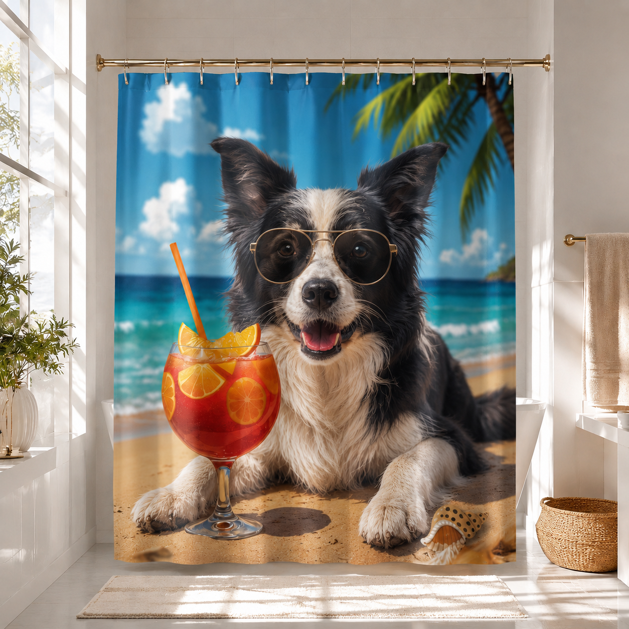 Custom Photo Dog On The Beach Shower Curtain | Gift For Dog Lovers