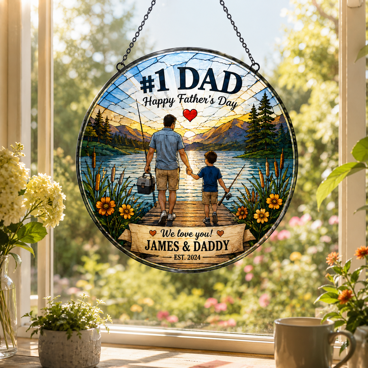 Custom First Dad Photo Stained Glass Suncatcher – Personalized Dad Gifts | Gift For Dad TOM99