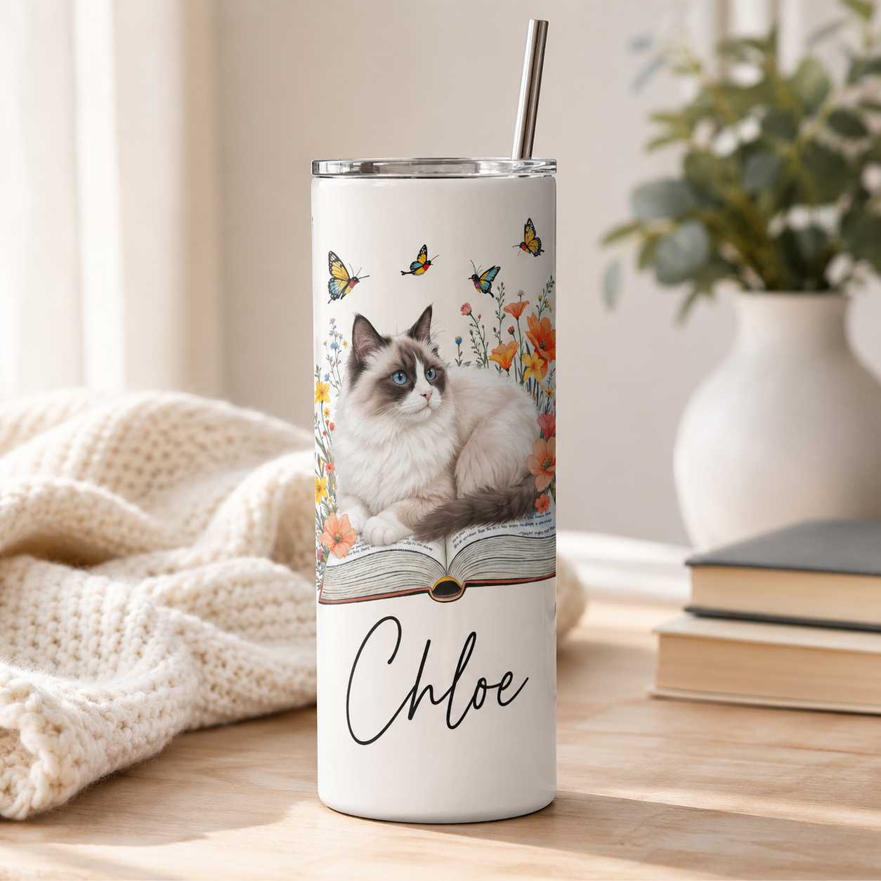 Personalized Photo Book Cat 20oz Skinny Tumbler – Custom Cat Photo Skinny Tumbler For Woman and Cat Owners TOM99