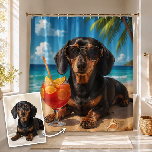 Custom Photo Dog On The Beach Shower Curtain | Gift For Dog Lovers