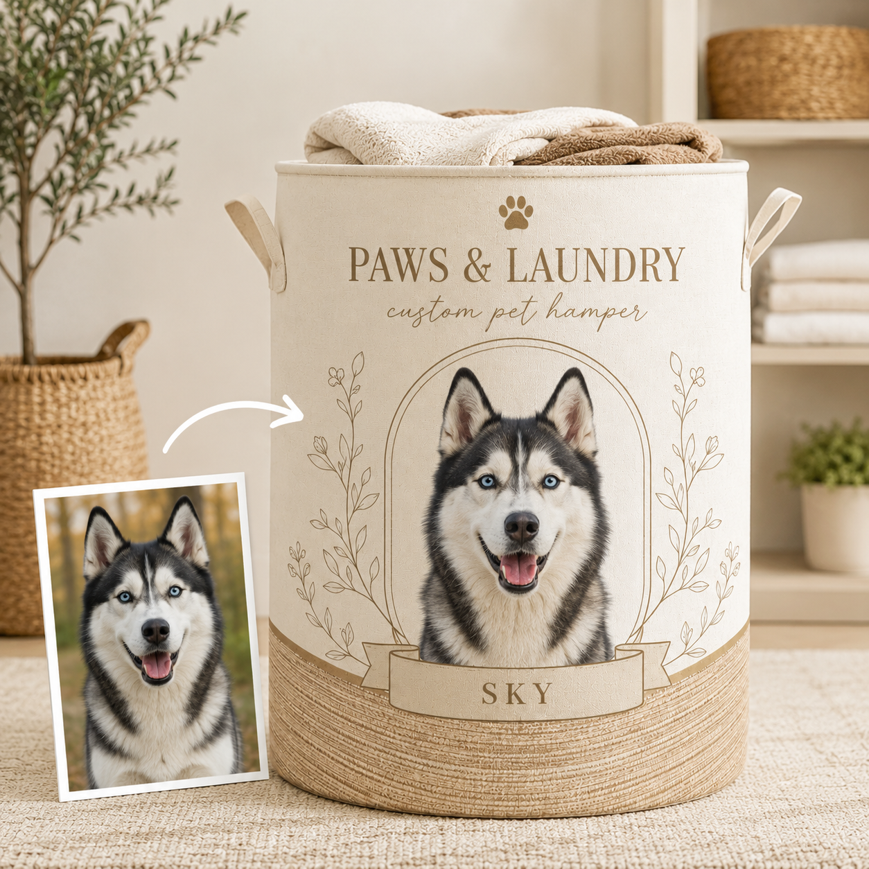 Custom Photo Dog Laundry Basket | Gift For Dog Lovers | Dog Bathroom Decor