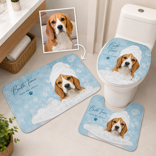 Custom Photo Dog Bath Time 3pcs Bathroom Rug Set | Gift For Dog Lovers | Pet Photo Gifts