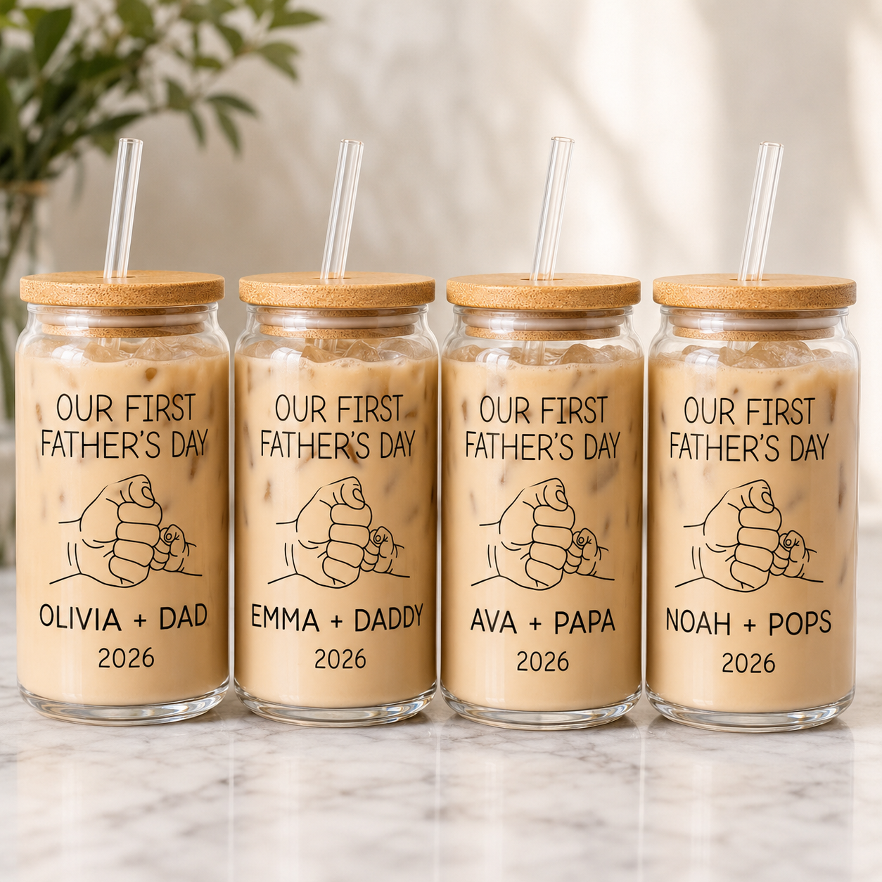 Custom First Dad Glass 16oz – Personalized Dad Glass Cup with Bamboo Lid & Straw | Gift For Father  TOM99