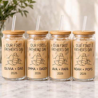 Custom First Dad Glass 16oz – Personalized Dad Glass Cup with Bamboo Lid & Straw | Gift For Father  TOM99