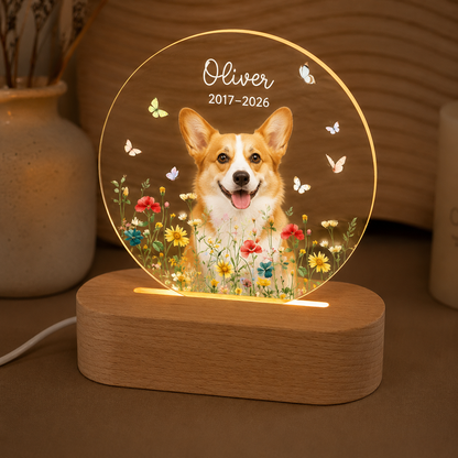 Custom Photo Dog Flower Memorial Wooden LED Light | Personalized Dog Photo LED Night Light | Pet Loss Sympathy Gift TOM99