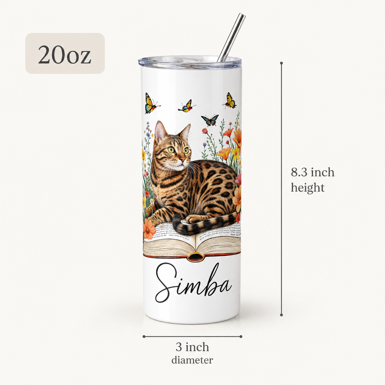 Personalized Photo Book Cat 20oz Skinny Tumbler – Custom Cat Photo Skinny Tumbler For Woman and Cat Owners TOM99