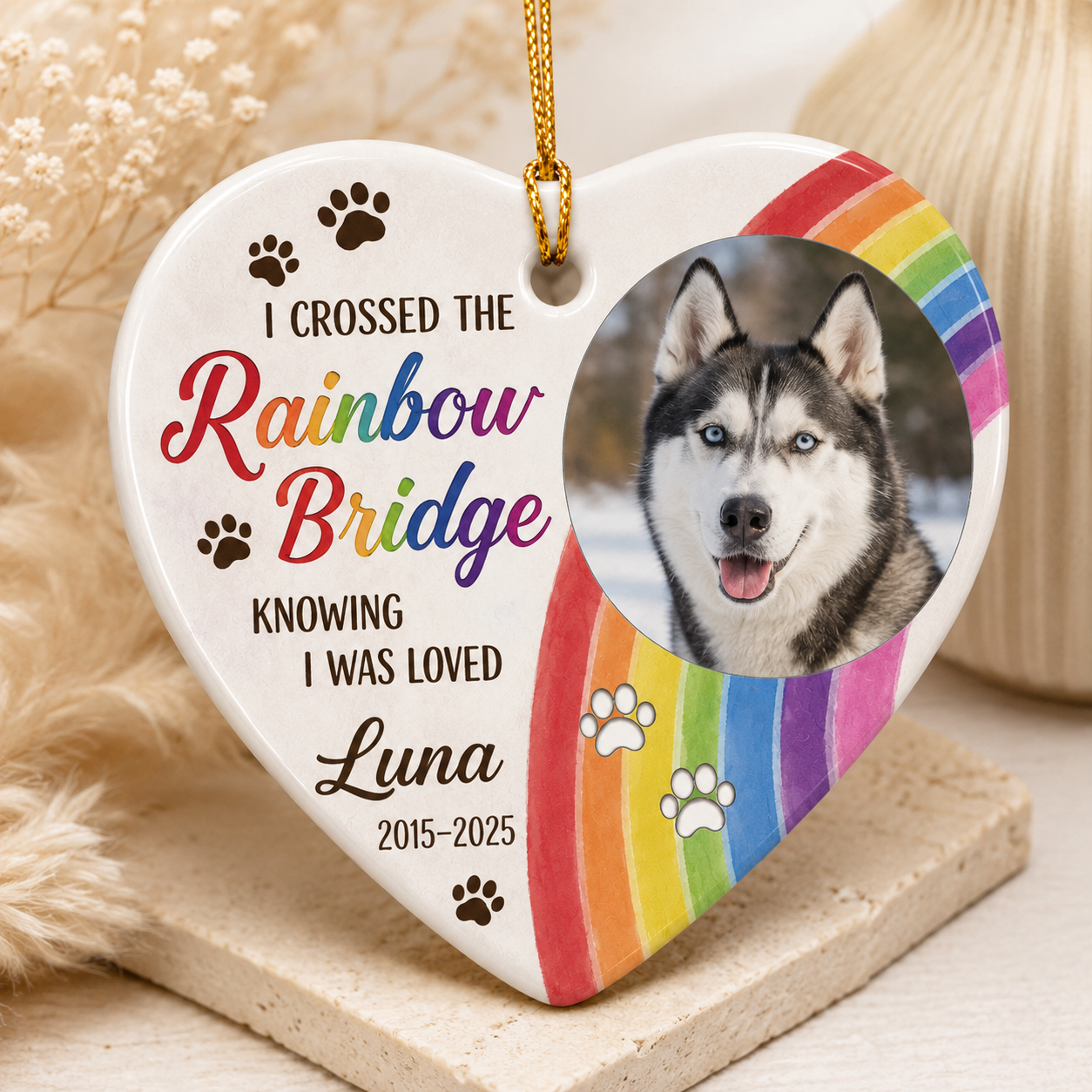 Custom Photo Dog Rainbow Memorial Ceramic Ornament | Personalized Dog Lovers Gifts | Gift For Dog Lovers TOM99