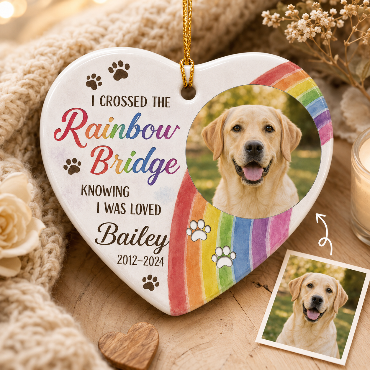 Custom Photo Dog Rainbow Memorial Ceramic Ornament | Personalized Dog Lovers Gifts | Gift For Dog Lovers TOM99