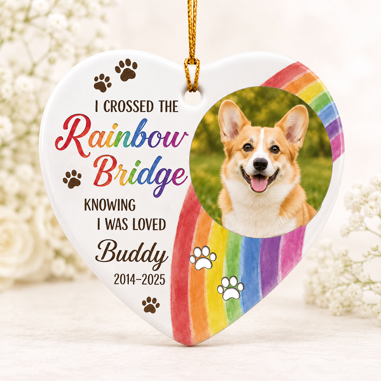 Custom Photo Dog Rainbow Memorial Ceramic Ornament | Personalized Dog Lovers Gifts | Gift For Dog Lovers TOM99