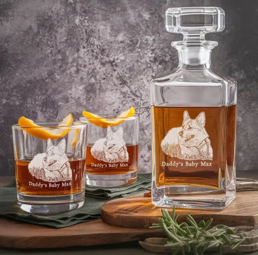 Personalized Custom Photo Dog Pet Whiskey Glass And Decanter Set | Best Gift For Dad | Engraved Gift For Dog Lovers