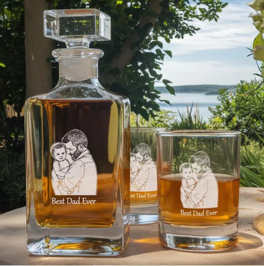 Personalized Photo Best Dad Ever Whiskey Glass And Decanter Set | Best Gift For Dad | Engraved Gift For Dad