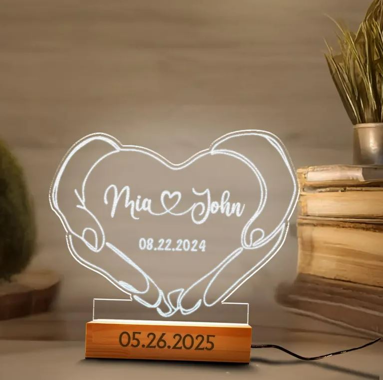 Custom Name And Date Anniversary Led Light | Hands With Heart Night Light Decoration | Gift For Couples