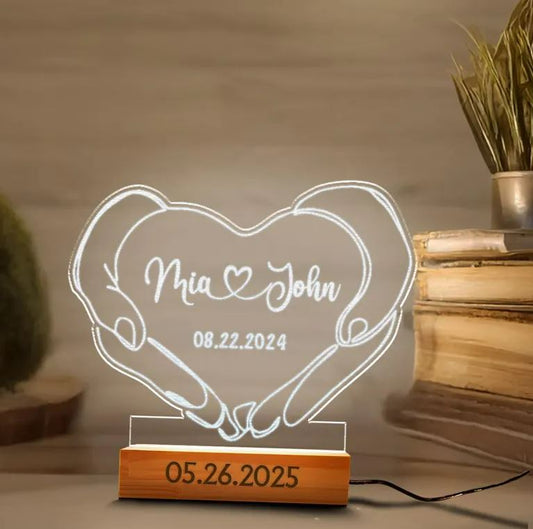 Custom Name And Date Anniversary Led Light | Hands With Heart Night Light Decoration | Gift For Couples