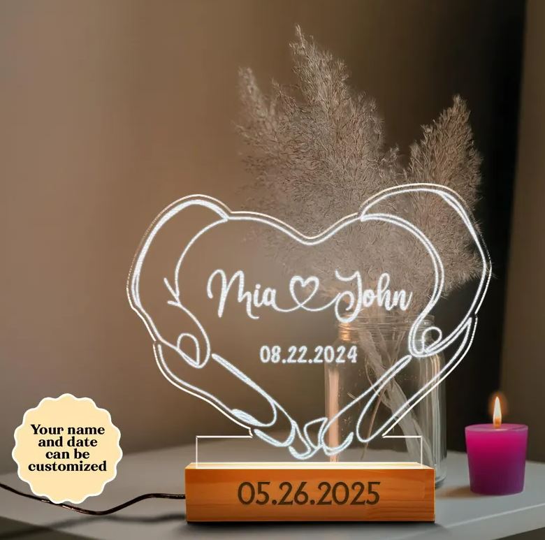 Custom Name And Date Anniversary Led Light | Hands With Heart Night Light Decoration | Gift For Couples