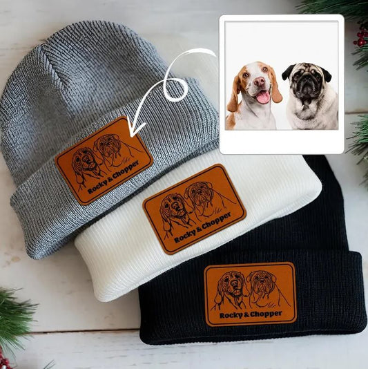 Custom Dog Photo Leather Patch | Beanie Gifts for Him | Personalized Winter Hats with Leather Patch