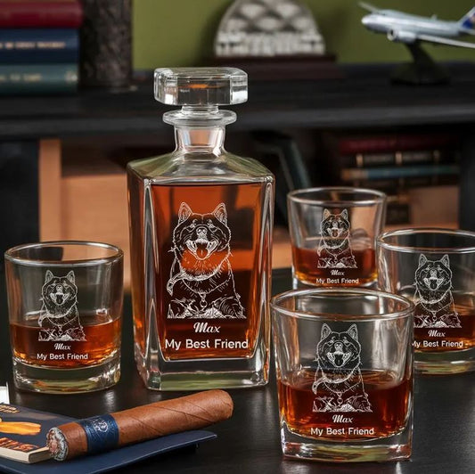 Custom Pet Photo Whiskey Glass And Decanter Set | Custom Photo Gifts | Gift For Dog Lovers