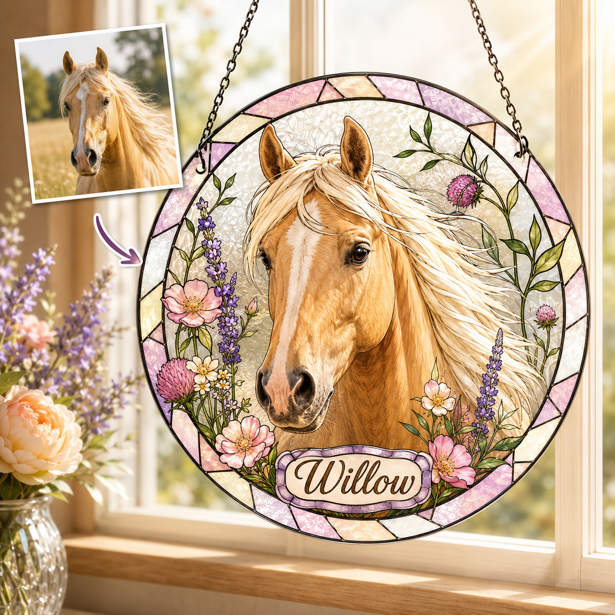 Custom Photo Horse Flower Stained Glass Suncatcher – Personalized Horse Lover Gifts | Gift For Horse Lover TOM99