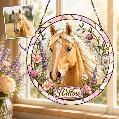 Custom Photo Horse Flower Stained Glass Suncatcher – Personalized Horse Lover Gifts | Gift For Horse Lover TOM99