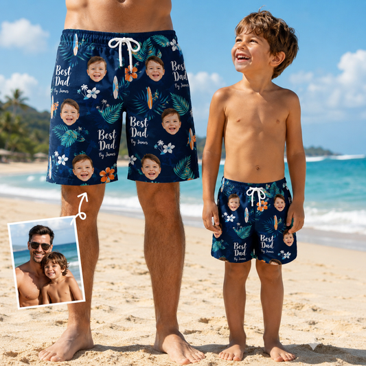 Custom Photo Best Dad Summer Beach Shorts, Personalized Matching Swim Trunks, Tropical Family Vacation Gift