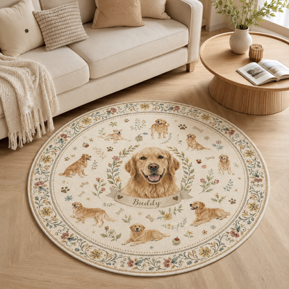 Custom Photo Dog Floral Round Carpet | Photo Pet Round Rug | Gift For Dog Lovers