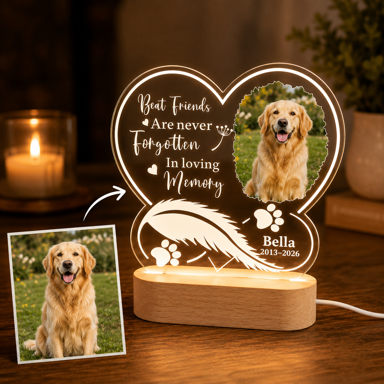 Custom Photo Dog In My Heart Memorial Wooden LED Light | Personalized Dog Photo LED Night Light | Pet Loss Sympathy Gift TOM99