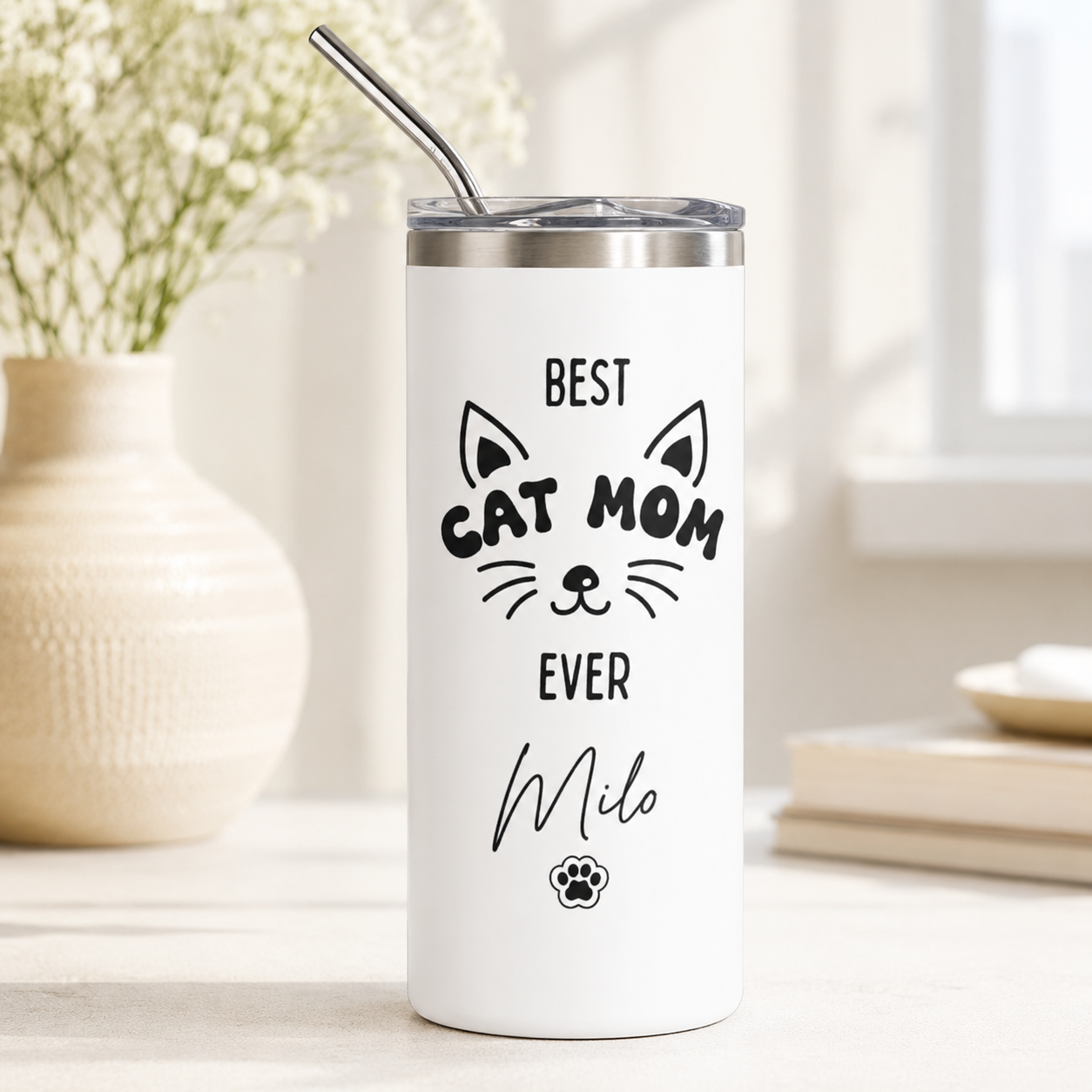 Personalized Best Cat Mom 20oz Skinny Tumbler – Custom Cat Photo Skinny Tumbler For Woman and Cat Owners TOM99
