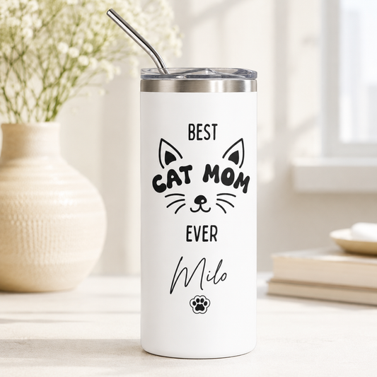 Personalized Best Cat Mom 20oz Skinny Tumbler – Custom Cat Photo Skinny Tumbler For Woman and Cat Owners TOM99