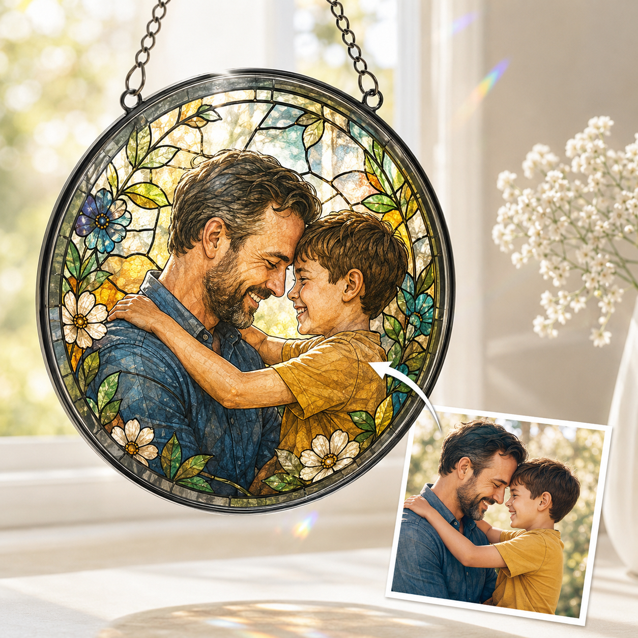 Custom Dad & Son Photo Stained Glass Suncatcher – Personalized Dad Gifts | Gift For Dad TOM99