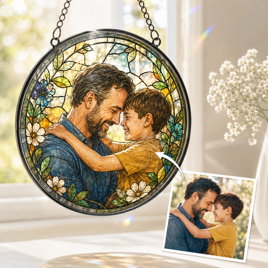 Custom Dad & Son Photo Stained Glass Suncatcher – Personalized Dad Gifts | Gift For Dad TOM99