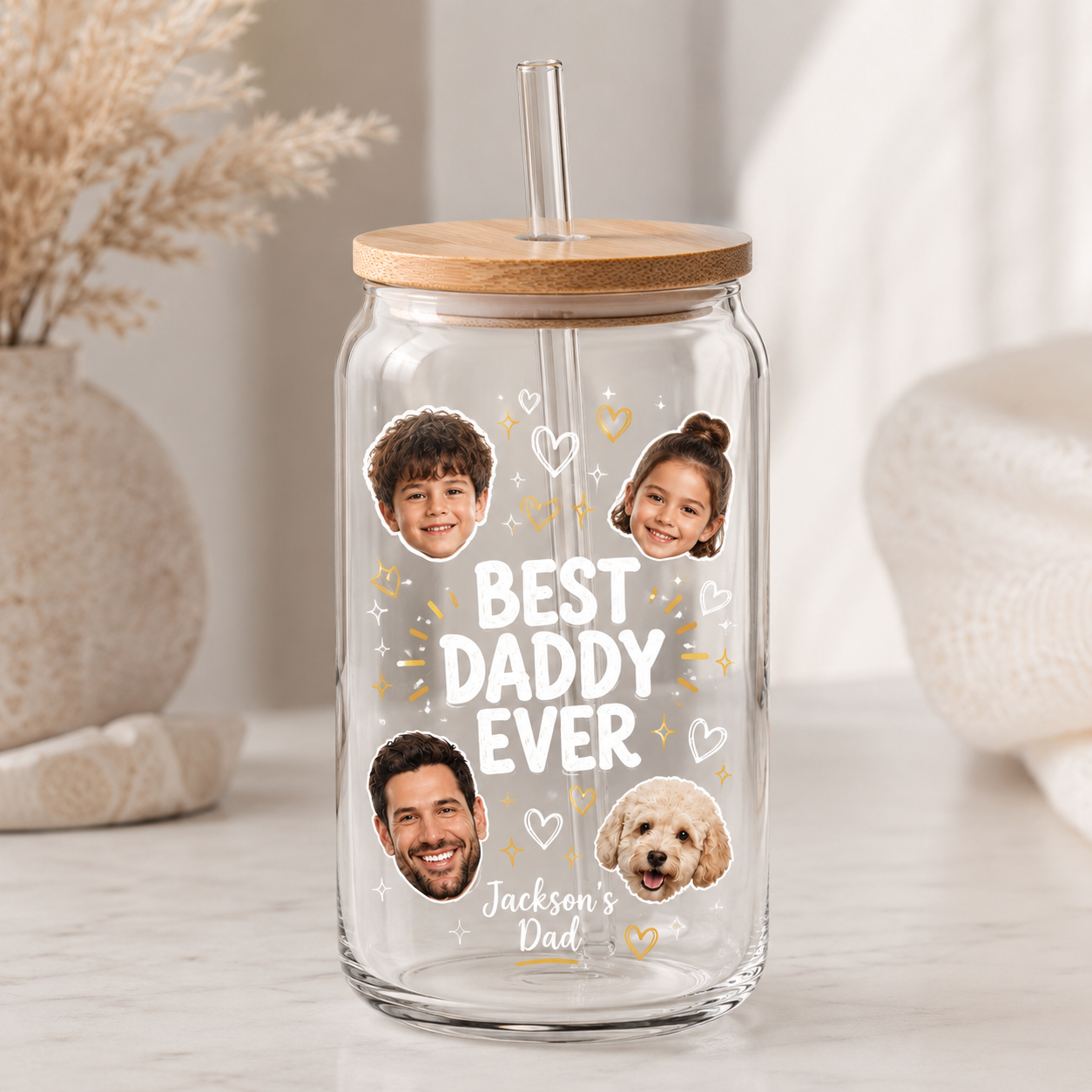 Custom Photo Best Dad Ever Glass 16oz – Personalized Dad Glass Cup with Bamboo Lid & Straw | Gift For Father  TOM99