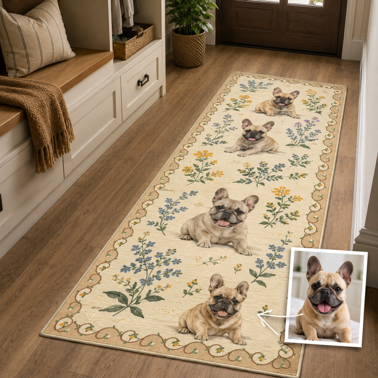Custom Photo Dog Floral Runner Rug | Pet Hallway Runner Carpet | Gift For Dog Lovers