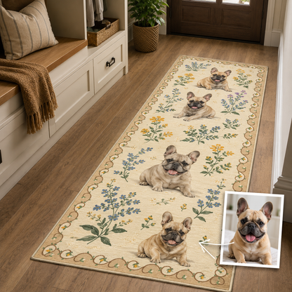 Custom Photo Dog Floral Runner Rug | Pet Hallway Runner Carpet | Gift For Dog Lovers