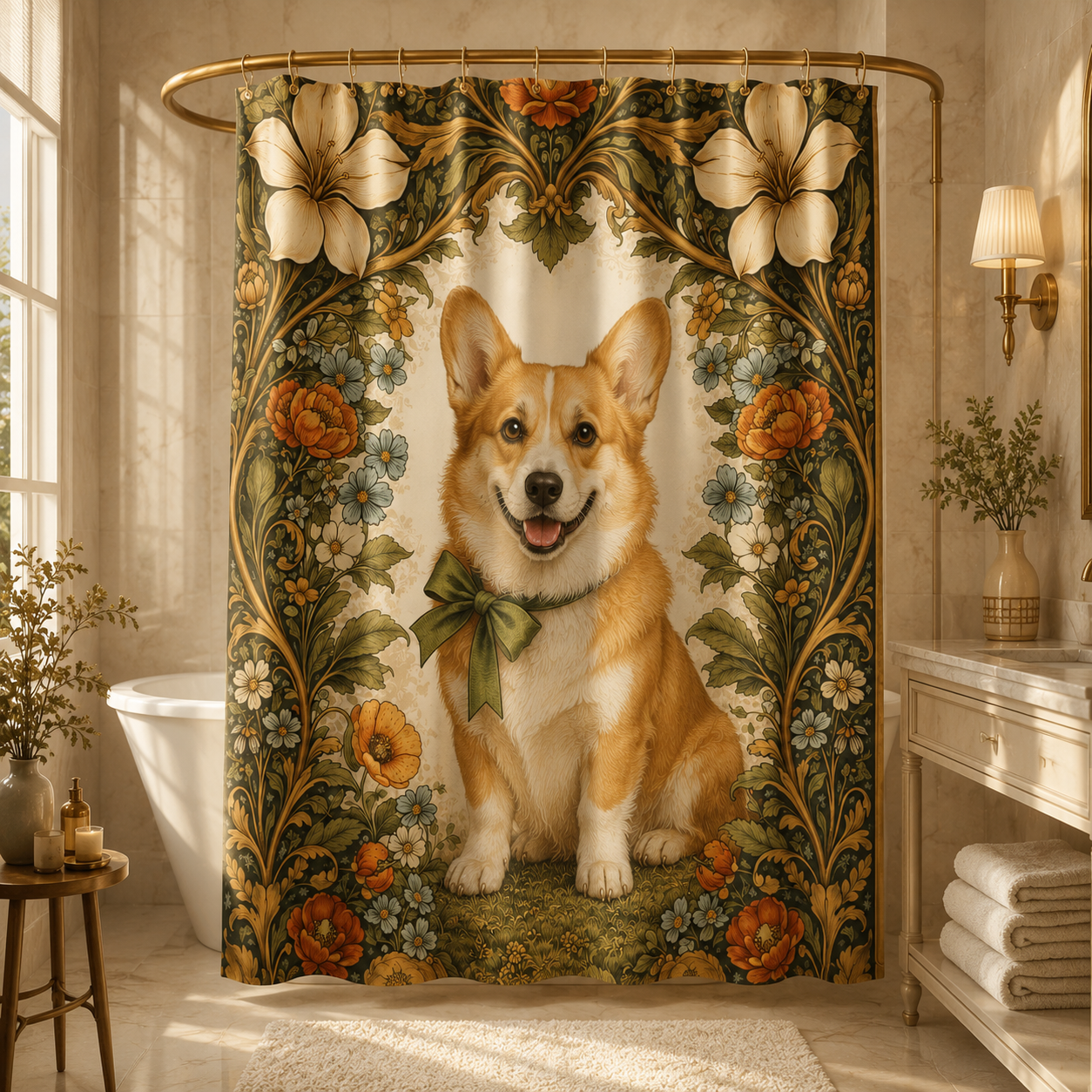 Custom Photo Floral Dog Shower Curtain | Gift For Dog Lovers