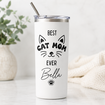 Personalized Best Cat Mom 20oz Skinny Tumbler – Custom Cat Photo Skinny Tumbler For Woman and Cat Owners TOM99