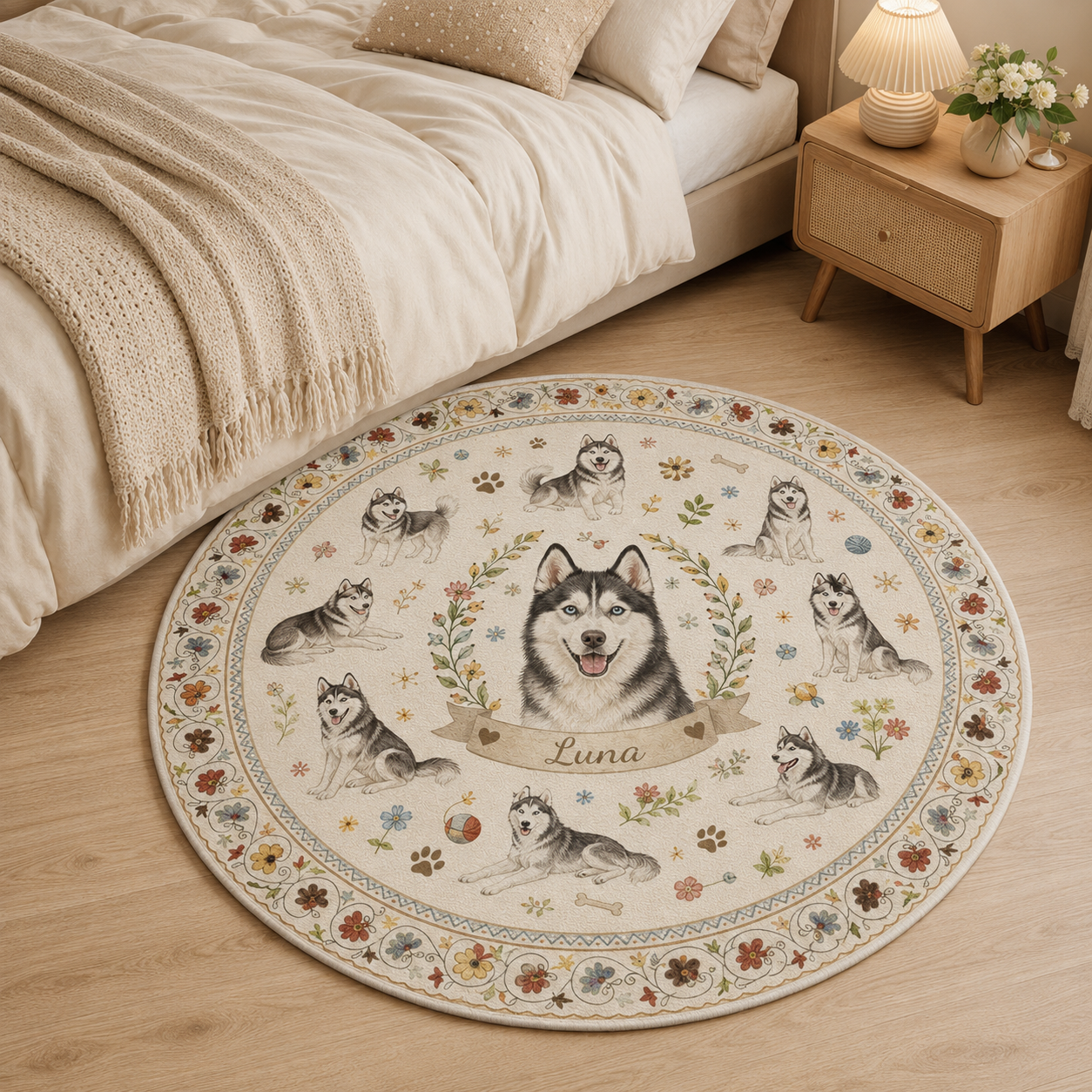 Custom Photo Dog Floral Round Carpet | Photo Pet Round Rug | Gift For Dog Lovers