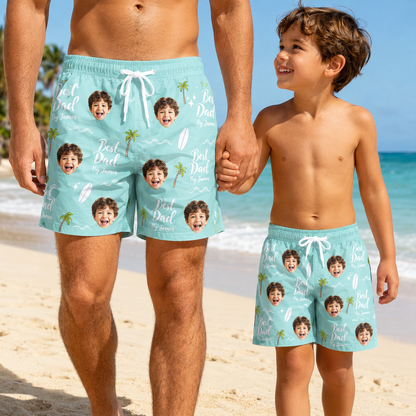 Custom Photo Best Dad Summer Beach Shorts, Personalized Matching Swim Trunks, Tropical Family Vacation Gift