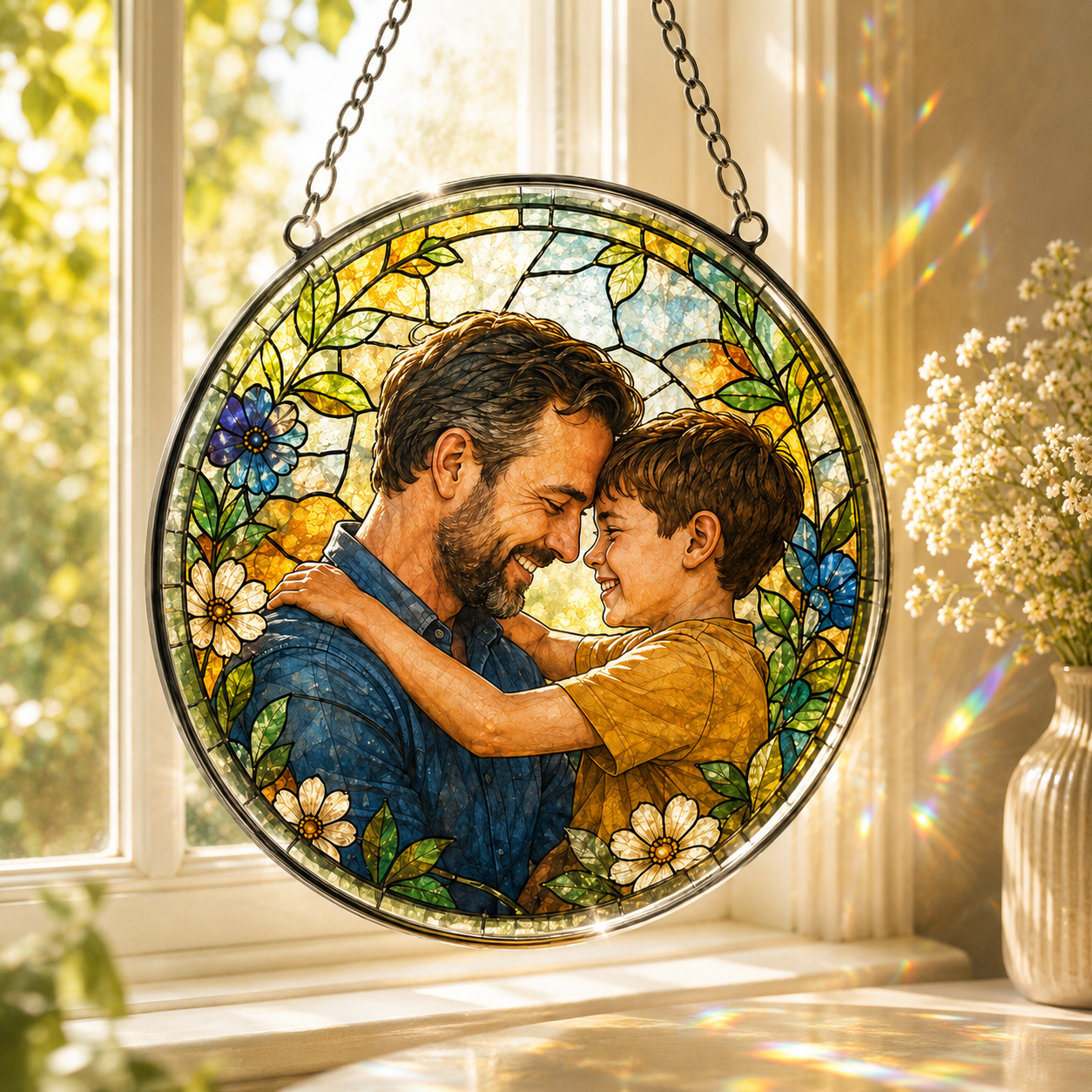Custom Dad & Son Photo Stained Glass Suncatcher – Personalized Dad Gifts | Gift For Dad TOM99