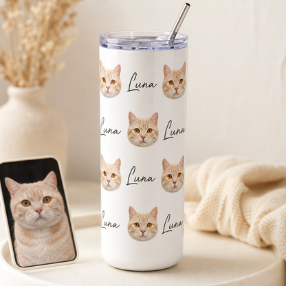 Personalized Photo Love Cat 20oz Skinny Tumbler – Custom Cat Photo Skinny Tumbler for Woman and Cat Owners TOM99
