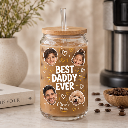 Custom Photo Best Dad Ever Glass 16oz – Personalized Dad Glass Cup with Bamboo Lid & Straw | Gift For Father  TOM99