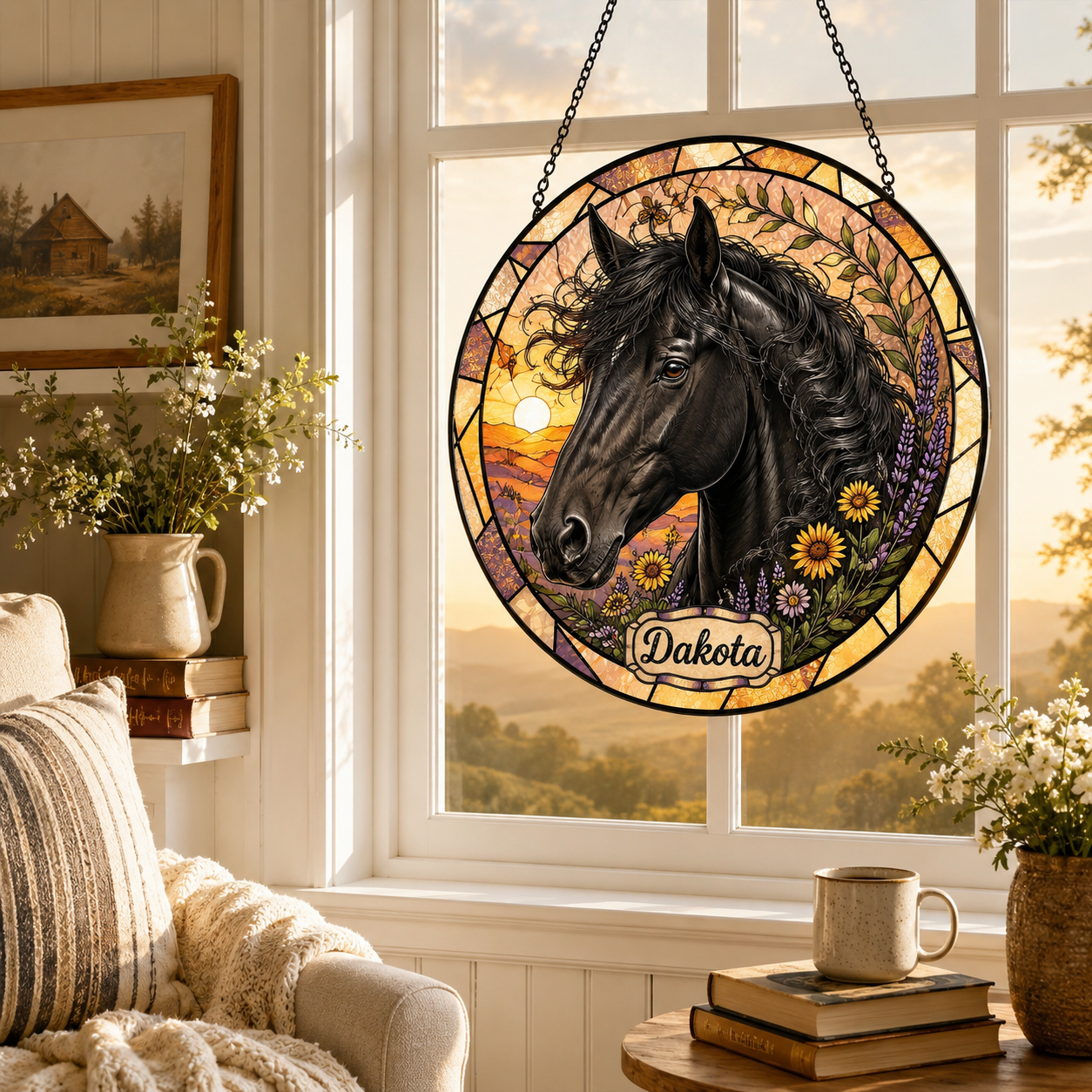 Custom Photo Horse Flower Stained Glass Suncatcher – Personalized Horse Lover Gifts | Gift For Horse Lover TOM99