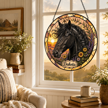 Custom Photo Horse Flower Stained Glass Suncatcher – Personalized Horse Lover Gifts | Gift For Horse Lover TOM99