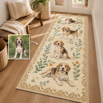 Custom Photo Dog Floral Runner Rug | Pet Hallway Runner Carpet | Gift For Dog Lovers