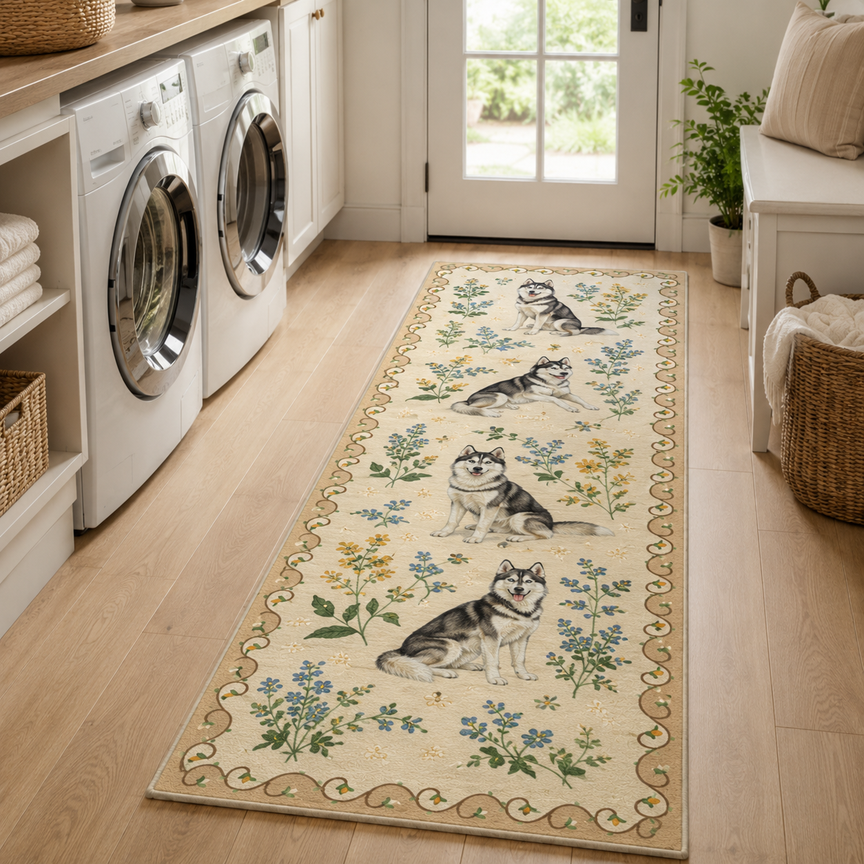 Custom Photo Dog Floral Runner Rug | Pet Hallway Runner Carpet | Gift For Dog Lovers