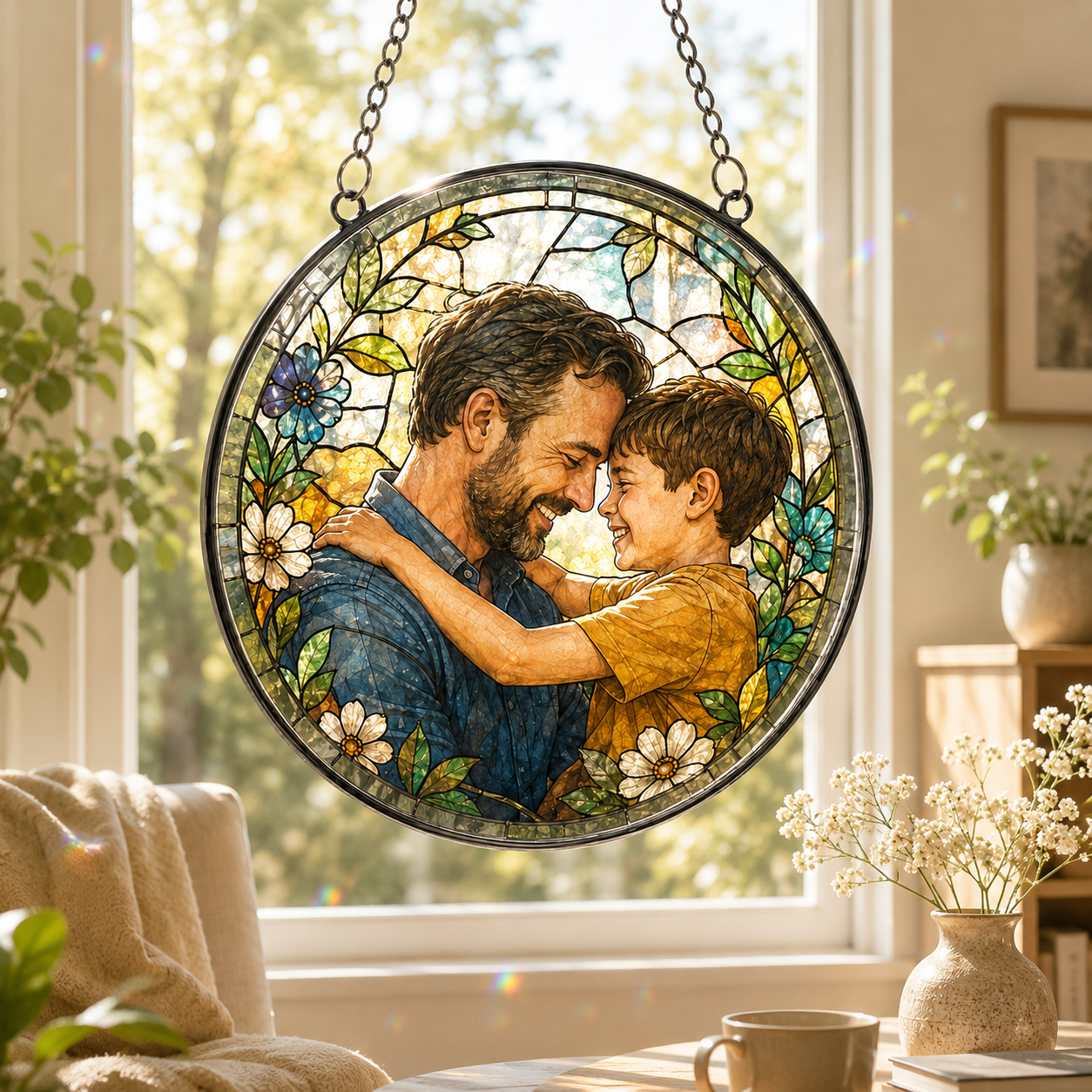 Custom Dad & Son Photo Stained Glass Suncatcher – Personalized Dad Gifts | Gift For Dad TOM99