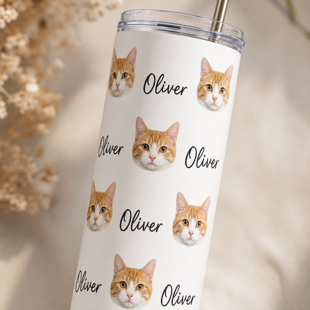 Personalized Photo Love Cat 20oz Skinny Tumbler – Custom Cat Photo Skinny Tumbler for Woman and Cat Owners TOM99